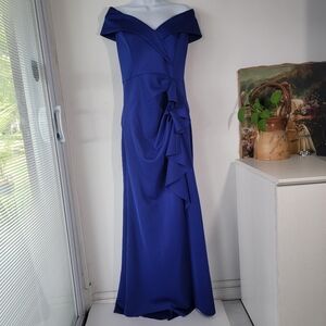 Xscape Royal Blue Off-Shoulder Maxi Dress